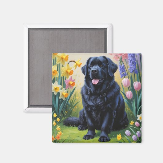 ニューファンドランドの犬 春の花の絵 マグネット (正面/裏面)