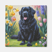 ニューファンドランドの犬 春の花の絵 マグネット (正面)