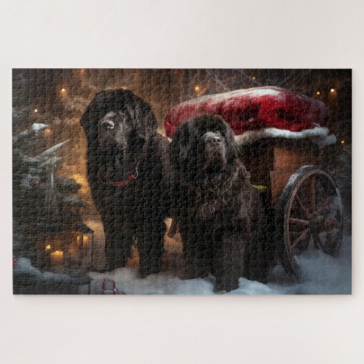 ニューファンドランドの雪景色のそり クリスマス装飾 ジグソーパズル (横)