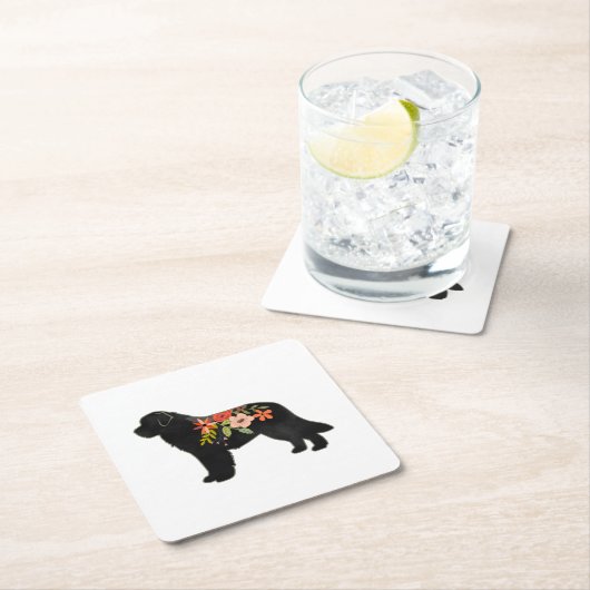 ニューファンドランドドッグブレッドBohoフローラシルエット スクエアペーパーコースター (インサイチュ)