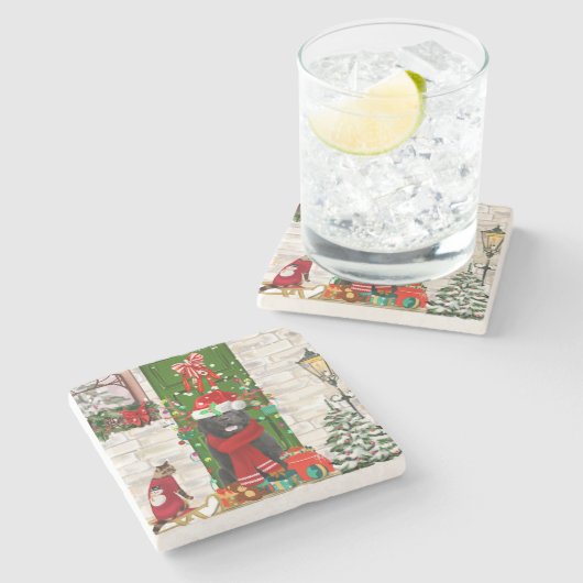 ニューファンドランド犬のクリスマス ストーンコースター (横)