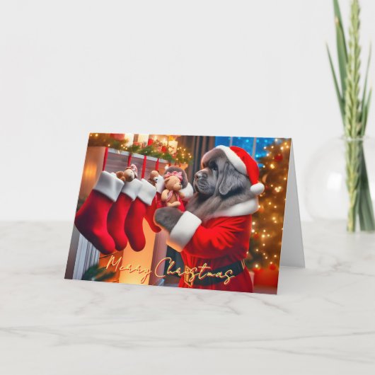 ニューファンドランド犬の充填ストッキングクリスマスカード シーズンカード (正面)