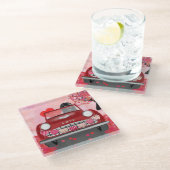 ニューファンドランド犬の車とハートバレンタイン ガラスコースター (アングル)