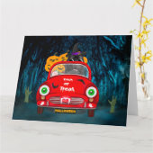 ニューファンドランド犬の車の怖いハロウィーン カード (黄色い花)