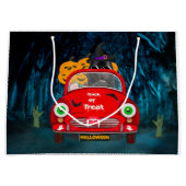 ニューファンドランド犬の車の怖いハロウィーン ラージペーパーバッグ (正面)