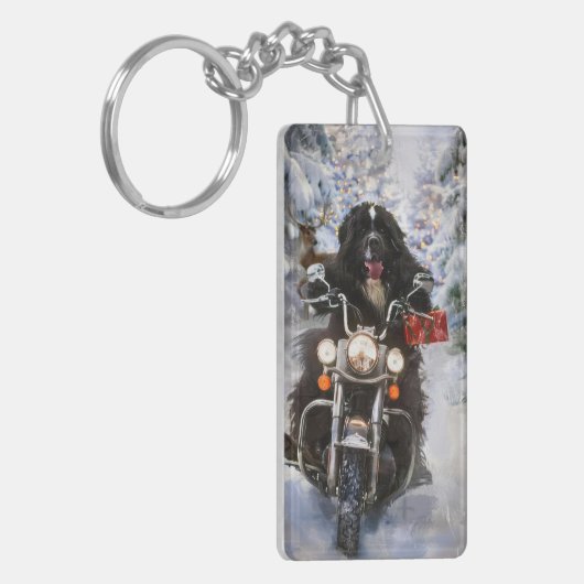 ニューファンドランド犬オートバイのクリスマスに乗る キーホルダー (正面左)