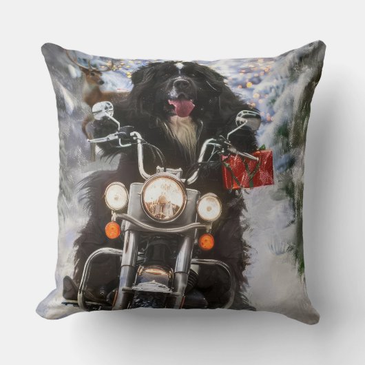 ニューファンドランド犬オートバイのクリスマスに乗る クッション (正面)