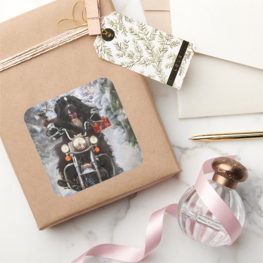 ニューファンドランド犬オートバイのクリスマスに乗る スクエアシール (ギフト)