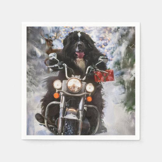 ニューファンドランド犬オートバイのクリスマスに乗る スタンダードカクテルナプキン (正面)
