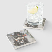 ニューファンドランド犬オートバイのクリスマスに乗る ストーンコースター (横)