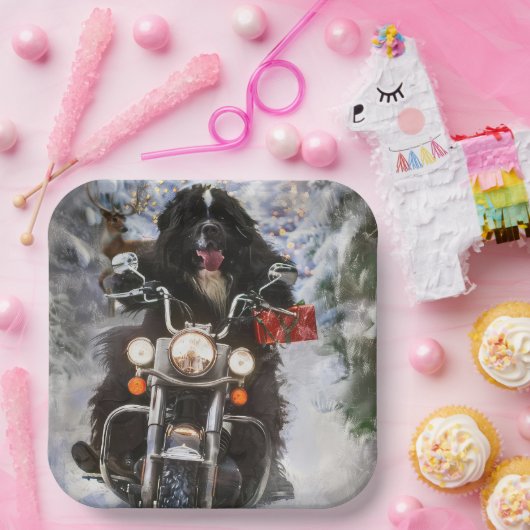 ニューファンドランド犬オートバイのクリスマスに乗る ペーパープレート (パーティー)