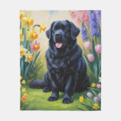 ニューファンドランド犬絵を描春の花 フリースブランケット (正面)