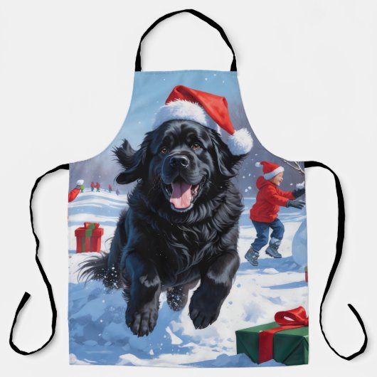 ニューファンドランド走のクリスマス帽子と雪の中にある エプロン (正面)