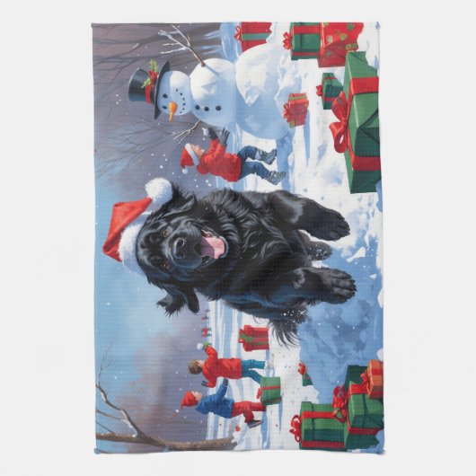 ニューファンドランド走のクリスマス帽子と雪の中にある キッチンタオル (縦)