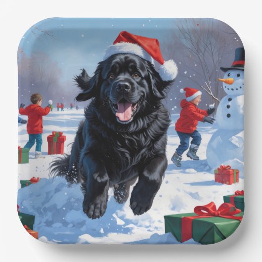 ニューファンドランド走のクリスマス帽子と雪の中にある ペーパープレート (正面)