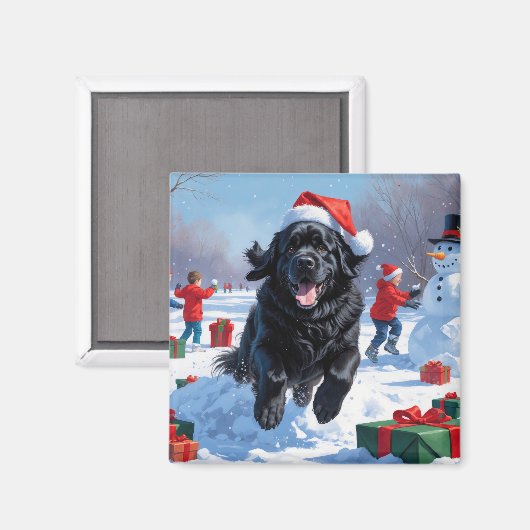 ニューファンドランド走のクリスマス帽子と雪の中にある マグネット (正面/裏面)