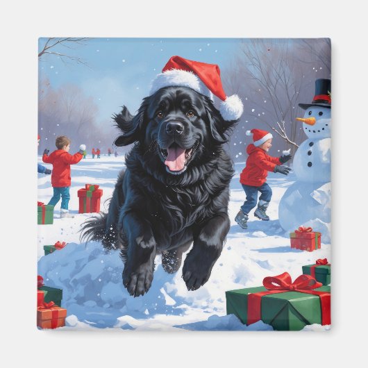 ニューファンドランド走のクリスマス帽子と雪の中にある マグネット (正面)