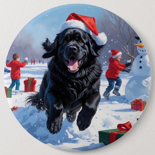ニューファンドランド走のクリスマス帽子と雪の中にある 缶バッジ (正面)