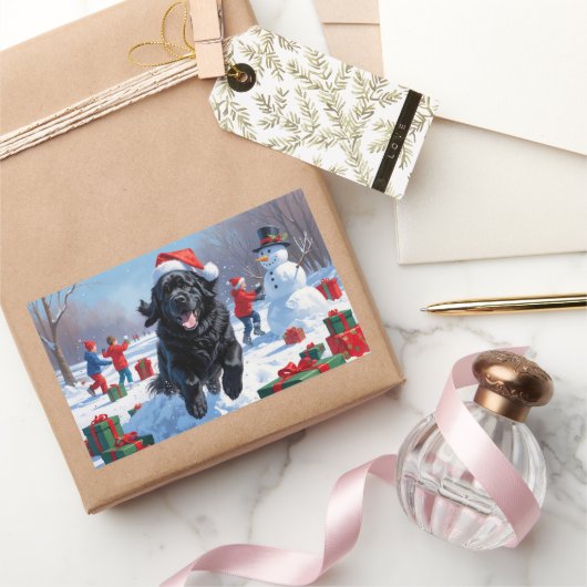 ニューファンドランド走のクリスマス帽子と雪の中にある 長方形シール (ギフト)