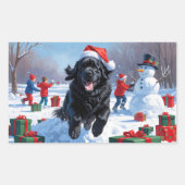 ニューファンドランド走のクリスマス帽子と雪の中にある 長方形シール (正面)