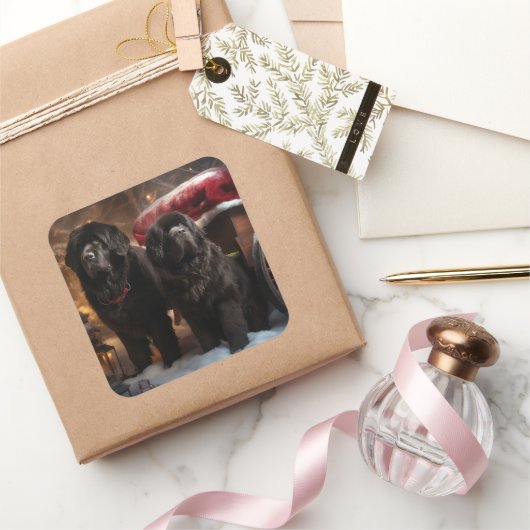 ニューファンドランド雪そりクリスマスデコール スクエアシール (ギフト)