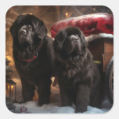 ニューファンドランド雪そりクリスマスデコール スクエアシール (正面)