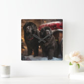 ニューファンドランド雪そりクリスマスデコール スクエア壁時計 (ホーム)