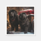 ニューファンドランド雪そりクリスマスデコール スタンダードカクテルナプキン (正面)