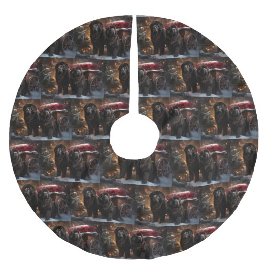 ニューファンドランド雪そりクリスマスデコール ブラッシュドポリエステルツリースカート (正面)