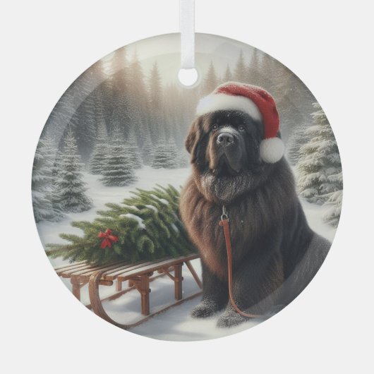 ニューファンドランド、そり道で木を運ぶ ガラスオーナメント (正面)