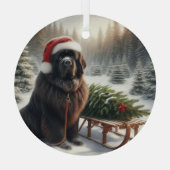 ニューファンドランド、そり道で木を運ぶ ガラスオーナメント (裏面)