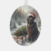 ニューファンドランド、そり道で木を運ぶ ガラスオーナメント (正面右)