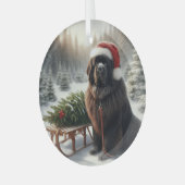 ニューファンドランド、そり道で木を運ぶ ガラスオーナメント (正面左)