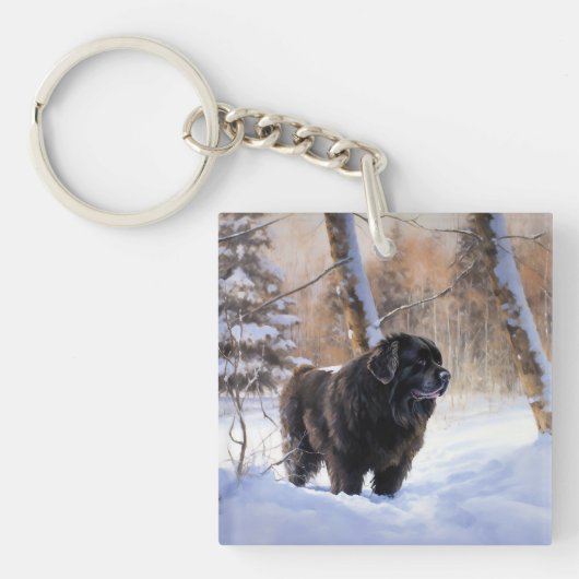 ニューファンドランド、雪のクリスマス キーホルダー (正面)
