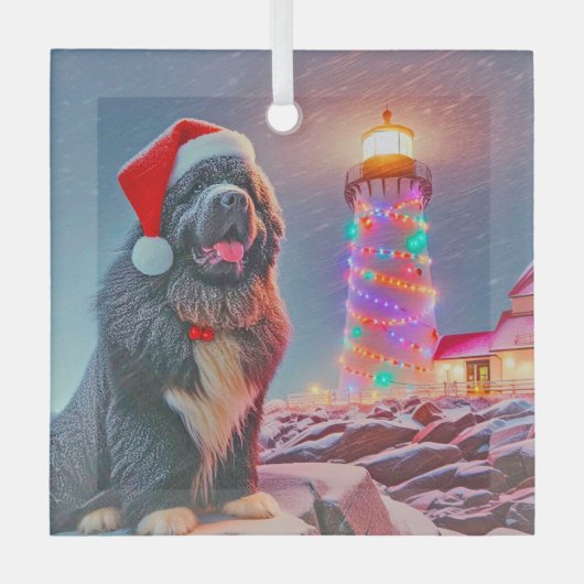 ニューファンドランドNext to Christmas Light house ガラスオーナメント (正面)