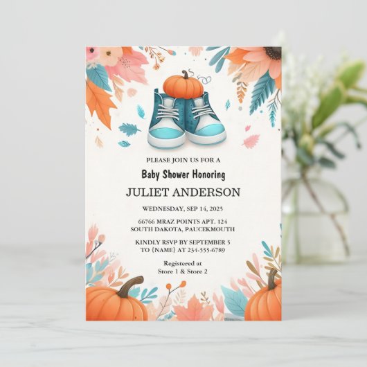 ニューファームピンクブルーボーホガールボーイ秋ベビーシャワー 招待状 (スタンド正面)