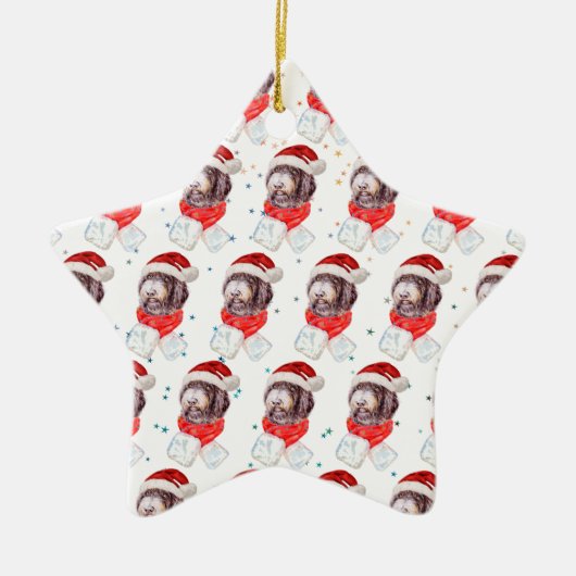 ニューフューポー犬がクリスマススターを育てる セラミックオーナメント (正面)