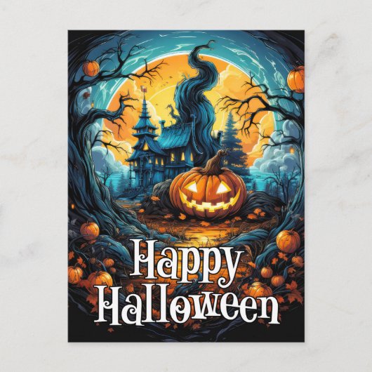 ニューフ白熱［赤熱］光を放つレハッピーハローウィンカボチャ ポストカード (正面)