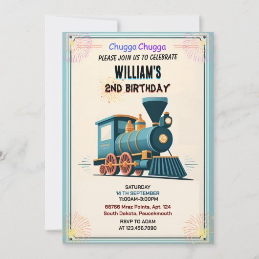 ニューブルーキッズボーイズヴィンテージツートレイン2nd誕生日 招待状 (正面)