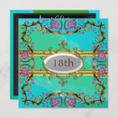 ニューブルーティール（緑がかった色）誕生日パーティフラワーフレーム 招待状 (正面/裏面)