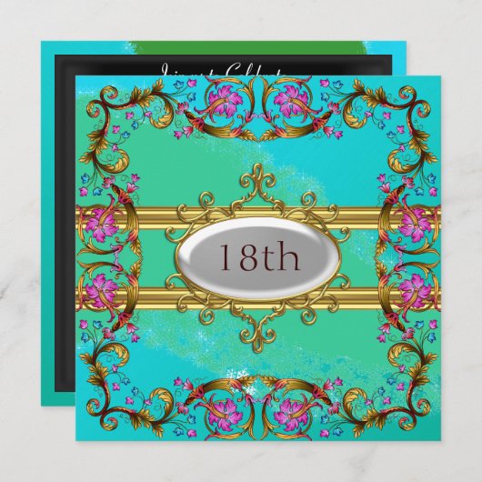 ニューブルーティール（緑がかった色）誕生日パーティフラワーフレーム 招待状 (正面/裏面)