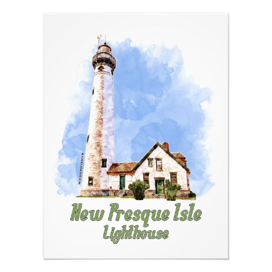 ニュープレスクアイルライトハウスウォーターカラー – ミシガン フォトプリント (正面)