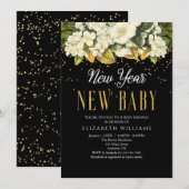 ニューベビー ニュイヤー ゴールド ブラック フラワー ベビーシャワー 招待状 (正面/裏面)