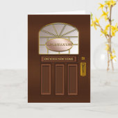 ニューホームおめでとうございます – ブラウン玄関ドア カード (黄色い花)