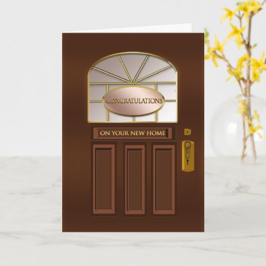 ニューホームおめでとうございます – ブラウン玄関ドア カード (黄色い花)