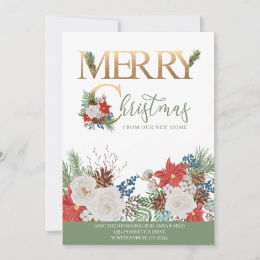 ニューホームからのメリークリスマス金ゴールドグリーンムービング 案内状 (正面)