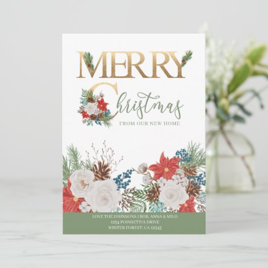 ニューホームからのメリークリスマス金ゴールドグリーンムービング 案内状 (スタンド正面)