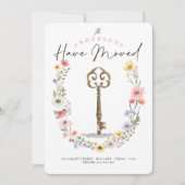 ニューホームウォーターカラーワイルドフラワーリースヴィンテージ鍵 案内状 (正面)