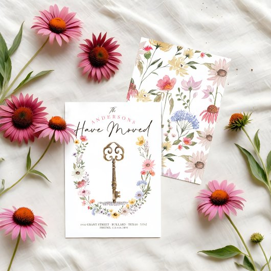 ニューホームウォーターカラーワイルドフラワーリースヴィンテージ鍵 案内状