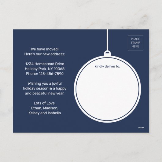 ニューホームクリスマスオーナメントフォトネイビーブルーホワイト シーズンポストカード (裏面)